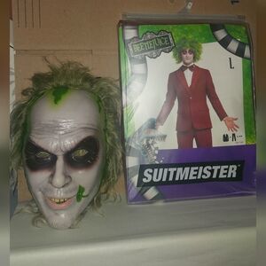 Men's Beetlejuice Wedding Suit Halloween Costume Sz L Large & Beetlejuice Mask